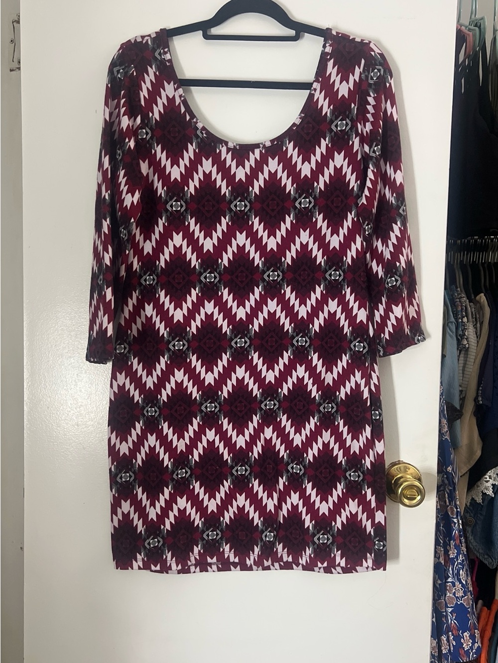 Charlotte Russe Burgundy and White Geometric Scoop-Neck Dress